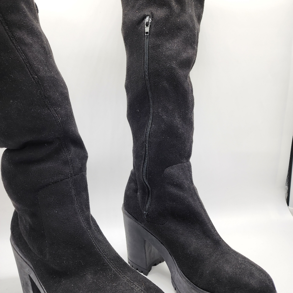 Aus 10 Black Thigh High Platform Faux Suede Boots - Picture 13 of 16